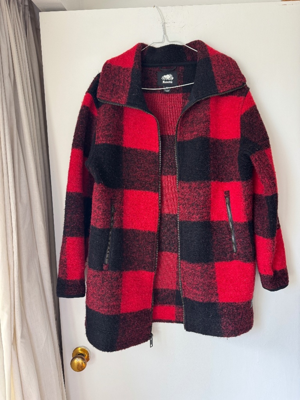 Roots red black checkered buffalo plaid wool long pea coat size S small women's